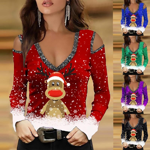 Fashion Women's Christmas Long Sleeve Tops Loose Deep V-neck Elk ...