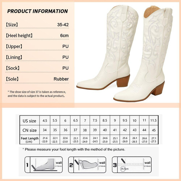 Women's White Knee High Boots Western 2022 Cowboy Wide Calf Embroidered Pointed Toe Block Heel