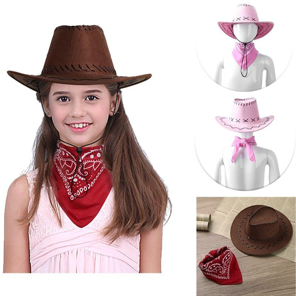 Kids Boys Girls Cowboy Hat & Western Neckerchief Set Party Fancy Dress ...