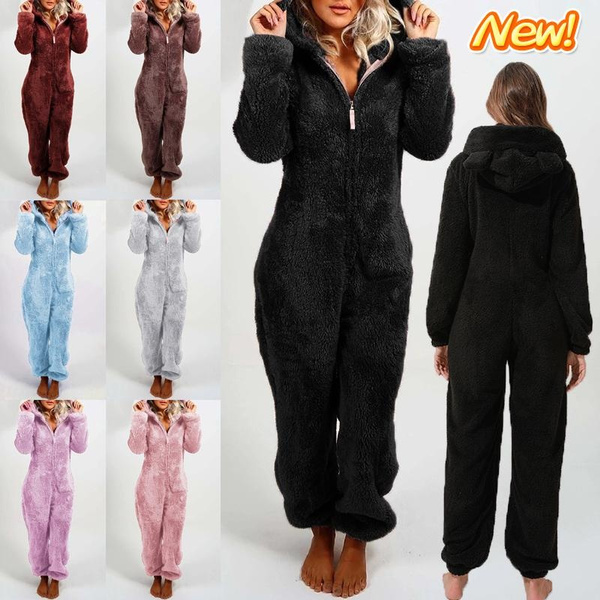 Plus Size Fashion Women Faux Fur Zipper Onesies Casual Solid Color