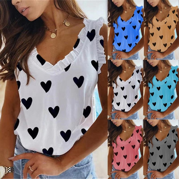 Heart Print Blouse | Puff Sleeve V-Neck Design