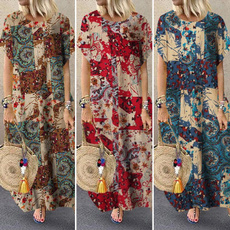 short sleeve dress, cottonlinen, floralprintdres, long dress