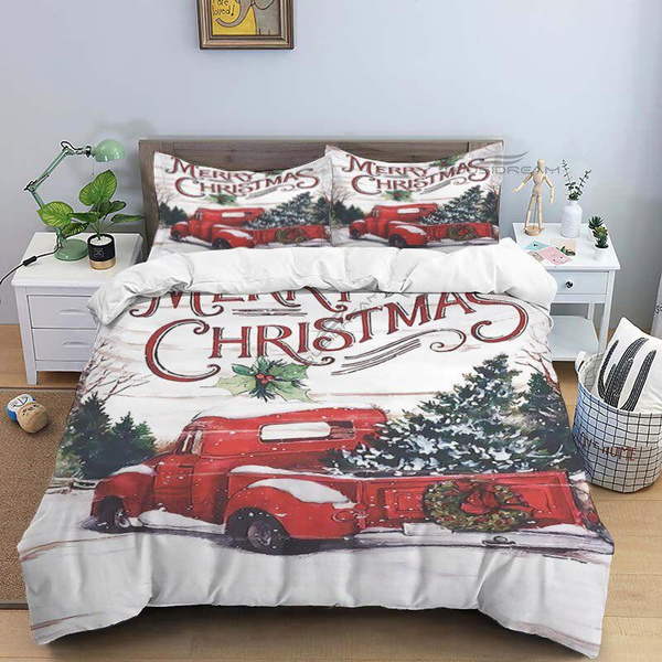 Christmas Red Pickup Truck Comforter Bedding Set,Duvet Cover Bed Set Quilt Cover Pillowcase,King