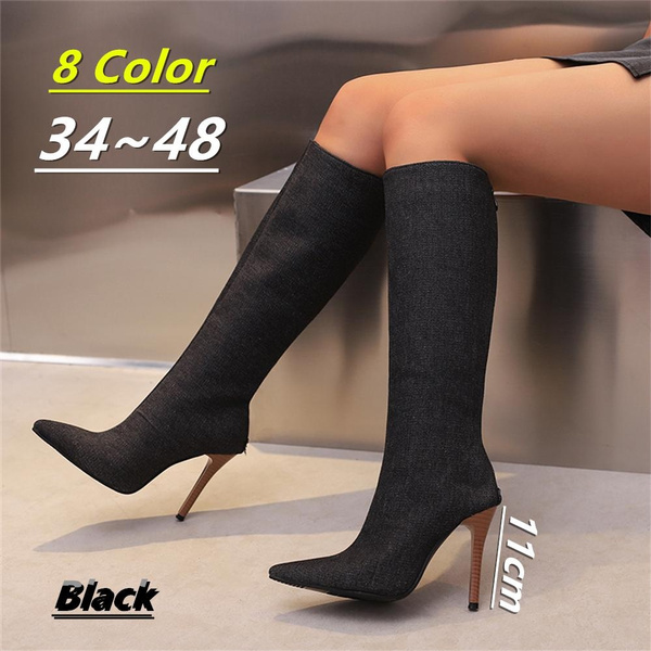 Women Knee High Boots Side Zipper Stiletto Heels 11cm High Heels