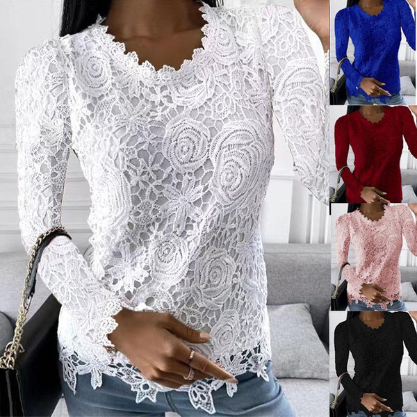 Hollow lace long sleeve irregular outlet top