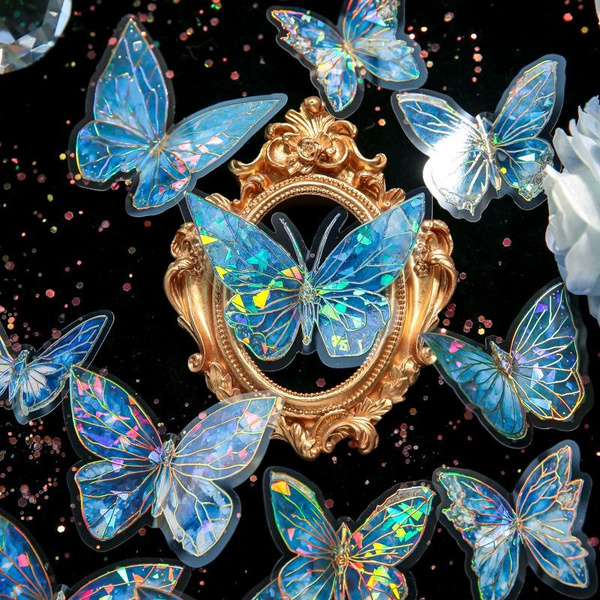 20pcs/set Ice Crystal Laser Butterfly Decorative PET Stickers Retro DIY ...