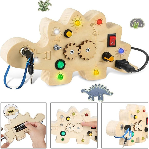 1Set Montessori Toddler Busy Board, Wooden Baby Dinosaur Busy Board  Montessori Toys Sensory Toys Light Switch Toys Travel Toys for Toddlers 1-3+  Year Old Gear Toys Toddlers Age 2-4 Boy Girl Birthday