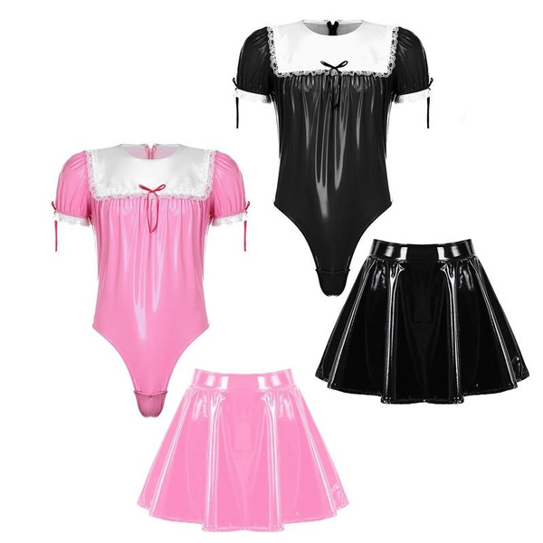 Sissy Crossdresser French Maid Cosplay Costume Set Latex Outfits PVC ...