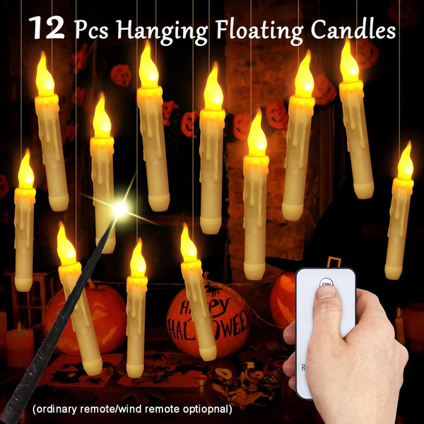 Halloween Floating Candles with Wand Magic Battery Operated Hanging Candles  LED Flickering Supplies for Wedding Christmas Party
