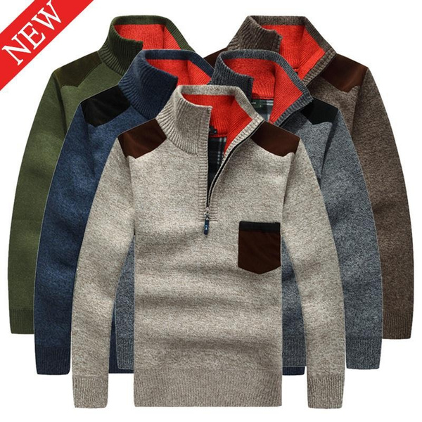Mens Casual Long Sleeve Stand Collar Knit Sweater Quarter Zip