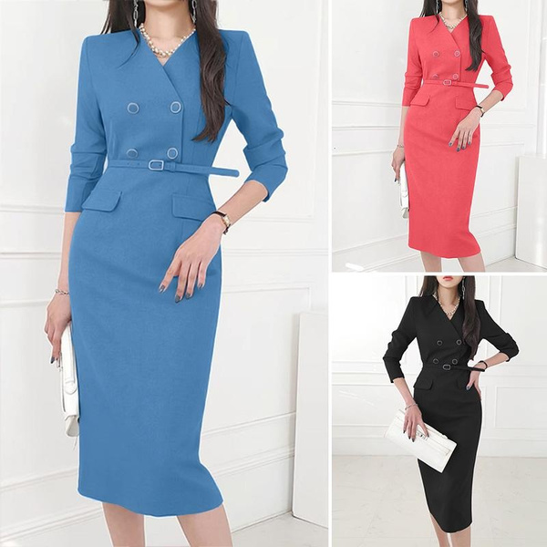 Womens 3/4 Sleeve Long Dress Kleid V Neck Elegant Casual Slimming Pencil  Midi Dresses Plus Size