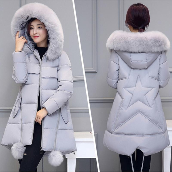 Winter Fluffy Big Fur Collar Hooded Cotton-padded Jacket Women's Mid-length Winter Down Padded Jacket Loose Warm Quilted Jacket