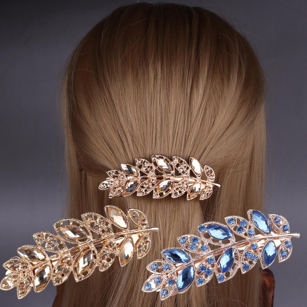 1Pcs Elegant Crystal Leaf Spring Hairpin For Women Fashion Rhinestone ...