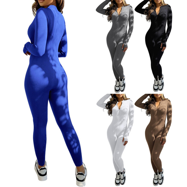 Womens Long Sleeve Ribbed Bodysuit Catsuit Solid Color Jumpsuit Rompers  Clubwear