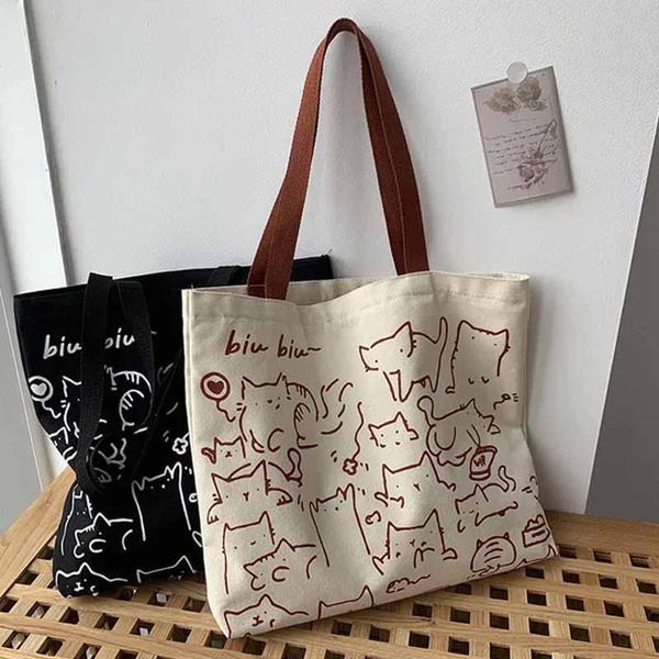 KISMIS 1Pc Canvas Bags Handbag for Women Shopper Cute Cat Tote Bag