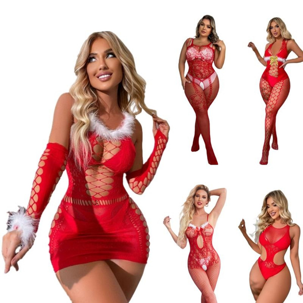Sexy Christmas Cosplay Woman Santa Claus Costumes Bodysuit Stocking Body  Suit Plus Size Christmas Lingerie for Women