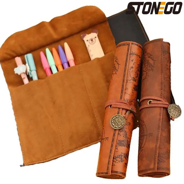 New Unique Retro Treasure Map Leather Pen Bag Popular Luxury Roll Case Bag  Stonego Vintage Style Roll Pencil Case Pencil Bag PU Bag Pen Pencil Case  For School