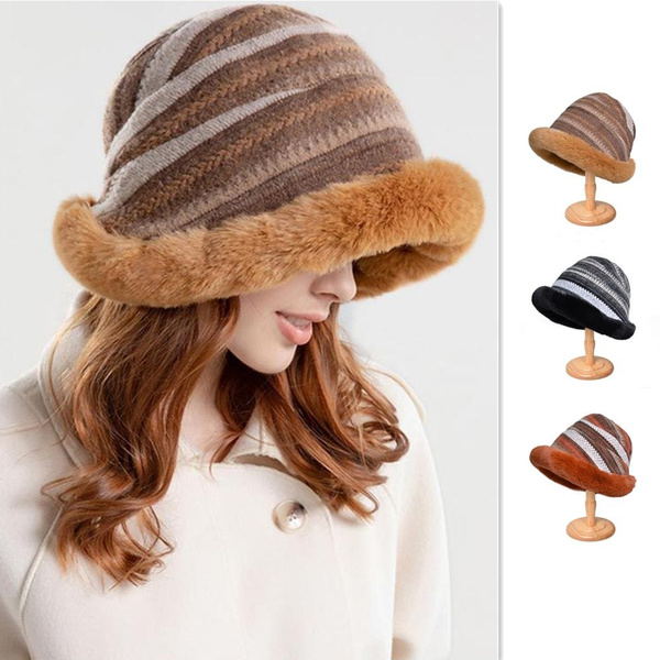 Winter Hats for Women, Wide Brim Round Dome Warm Foldable Bucket Hat Women  Winter Thickened Plush Lining Fisherman Hat Outdoor Warm Ear Protection  Anti-cold Cap Bonnet