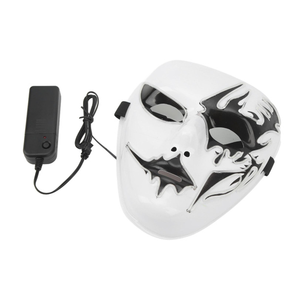 Scary White Full Face Mask, Party EL Cold Light Glowing Mask with Switch Control, 3 Light Modes