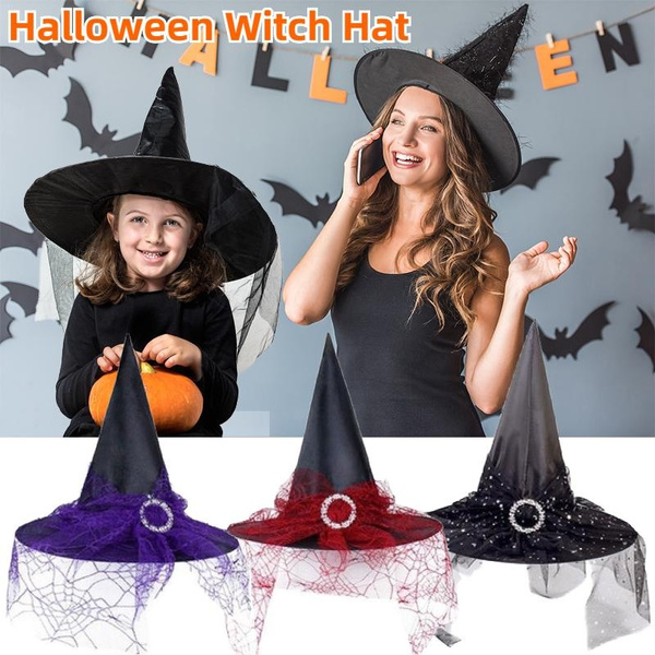 1Pcs Women Ladies Halloween Witch Hat With Veil Personality Wizard Hat   6507ffac8a841e4fee58b617 Large 