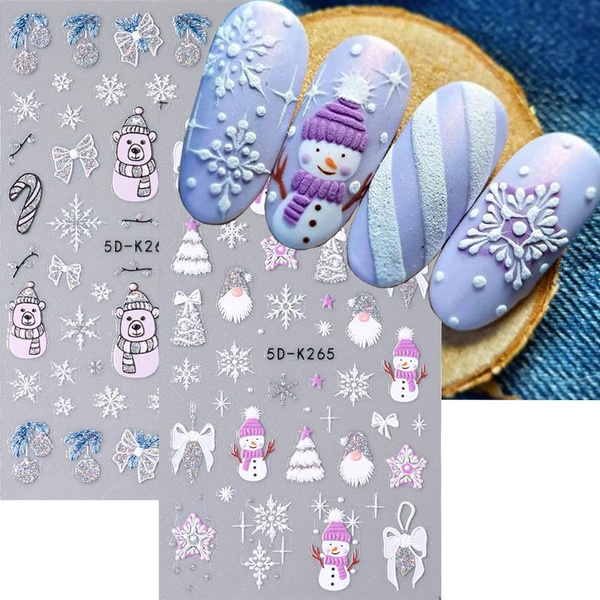 5D Glitter Christmas Embossed Nail Stickers Gold Silver Snowflake Gonk ...