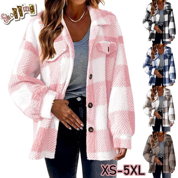 Fashion Women’s Pocket Plaid Jackets Casual Button Up Coats Autumn and ...