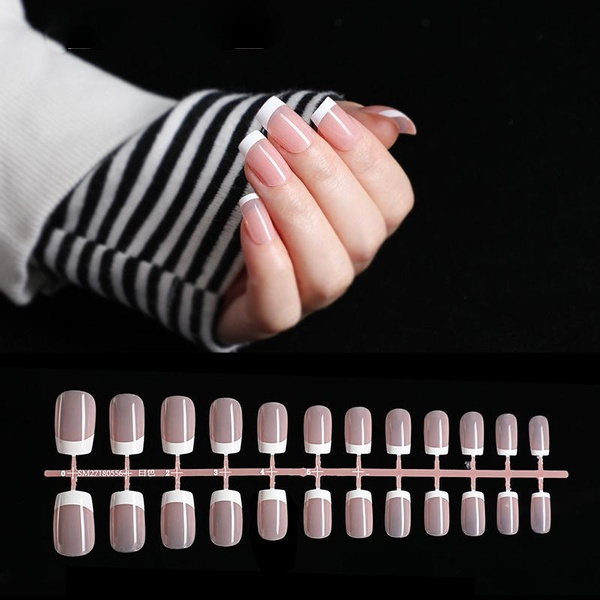 24pcs Convenience Package French Manicure Fake Nails Pink Color False ...