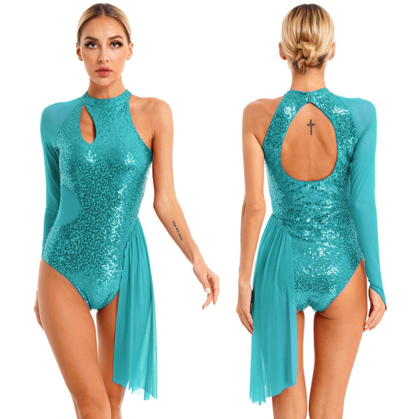 Womens Figure Skating Dress Glitter Sequins Leotard One Shoulder Sheer