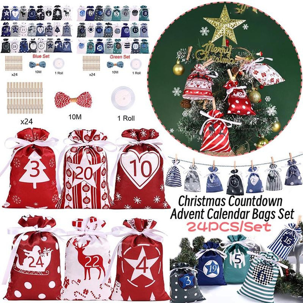 24PCS/Set Christmas Countdown Advent Calendar Bags Set with Clips