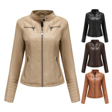 Fashion, ladywindproofjacket, Long Sleeve, womenfauxleatherjacket