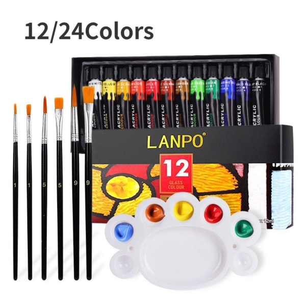 12 24 Colors Stain Glass Paint Set with 6 Nylon Brushes, 1 Palette ...