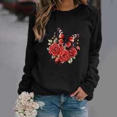womancasualtop, butterfly, rosesweatshirt, Long Sleeve