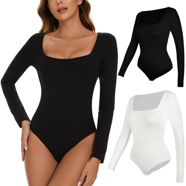 Women's Square Neck Long Sleeve Skinny Bodysuit Basic Layer Tee Slim Top Classic Jumpsuit