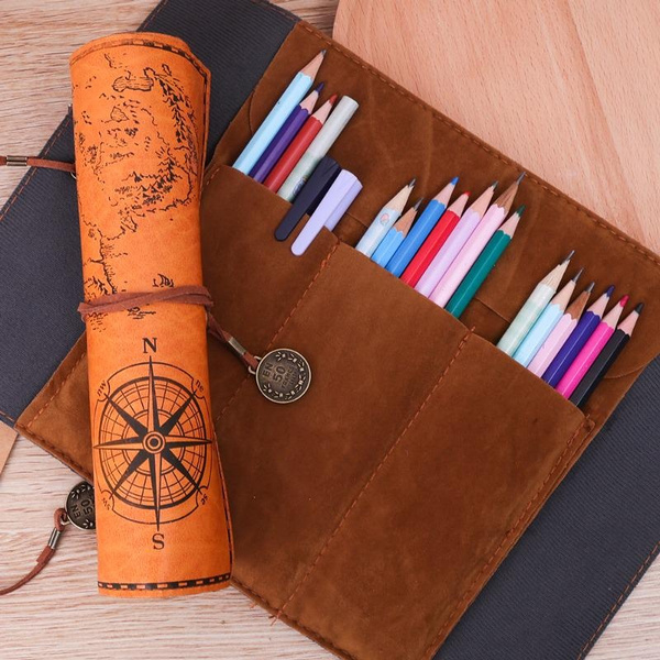 New Unique Retro Treasure Map Leather Pen Bag Popular Luxury Roll
