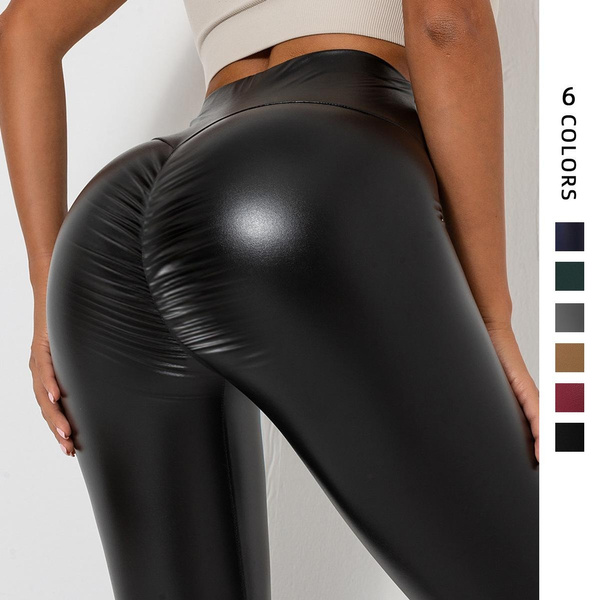 Women Super Stretchy Leather Leggings High Waisted Slimming Black