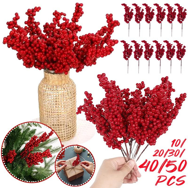 10/20/30/40/50Pcs Artificial Red Berries Branches Christmas Foam Holly  Berry Stems DIY Garland Xmas Tree Decor New Year Party Decorations Table  Decor