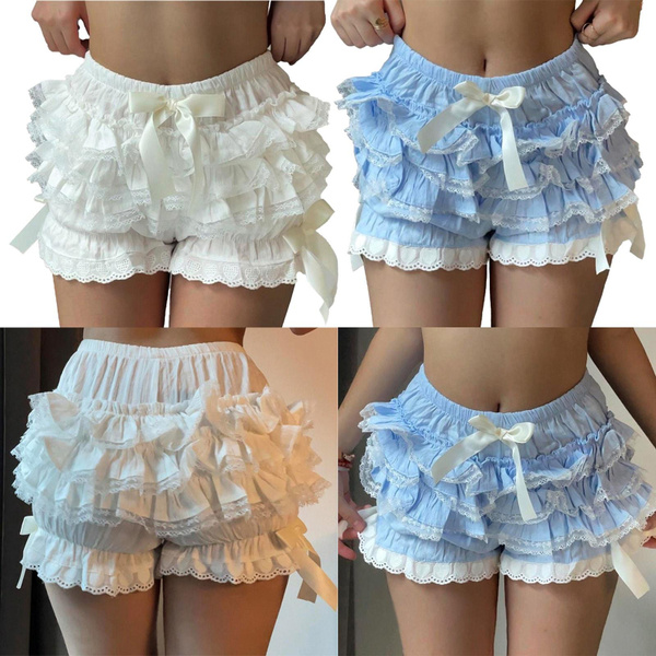 VSVO Women's White Cotton Lace Lolita Maid Shorts Bloomers - Elastic Waist, Side Pockets, Medium - View #3