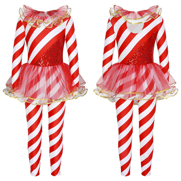 Kids Girls Candy Cane Christmas Costume One Piece Sequins Santa Sweetie ...