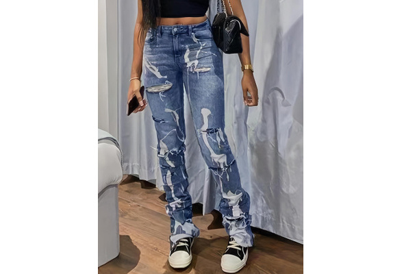 Blue Extra Long Denim Jeans, Ripped Holes Distressed Slash Pockets  High-Stretch Denim Pants, Women's Denim Jeans & Clothing