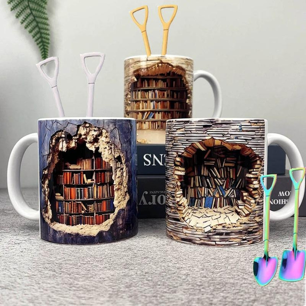 3D Bookshelf Mug - A Library Shelf Cup, Library Bookshelf Mug, Book Lovers  Coffee Mug, Creative Space Design Multi-Purpose Ceramic Mug, Cool Gifts for