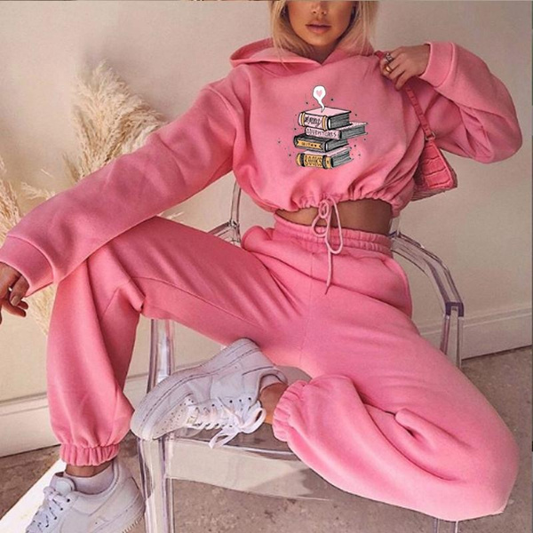 Womens Sport Style Tracksuit Set With Cropped Hoodie, Joggers, And