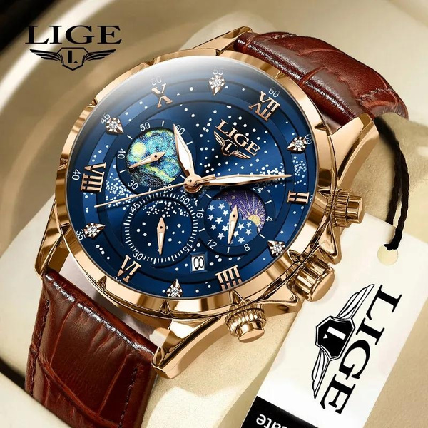 LIGE Mens Watch Luxury Waterproof Male Clock Moon Phase Date