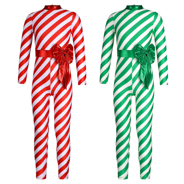Kids Christmas Candy Cane Costume Long Sleeve Striped Gymnastic Unitard