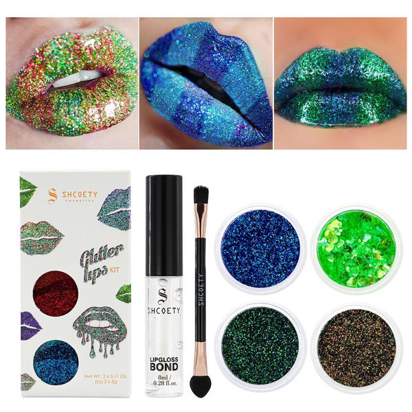 Polarized high pigment sequin powder, fine shiny lip gloss, sequin lipstick  with brush and glue
