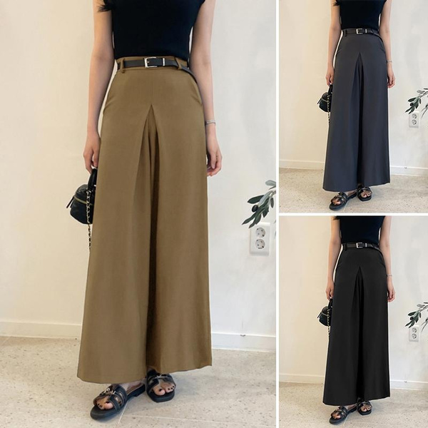 Ladies High Waist Slit Up Casual Loose Wide Leg Trousers
