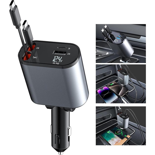 Retractable Car Charger 100W, 4 in 1 Fast Charging for iPhone and