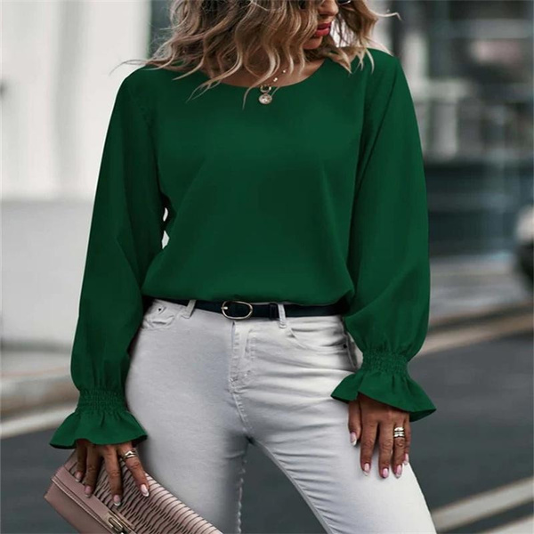 Crew Neck Solid Long Sleeve Elegant Top - Fashion - Womens - Tops