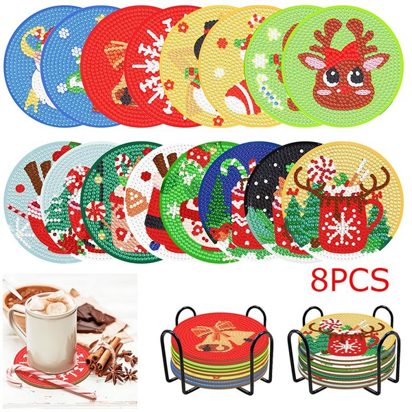 8PCS Christmas Paper Diamond Painting Art Coaster Kit with Holder