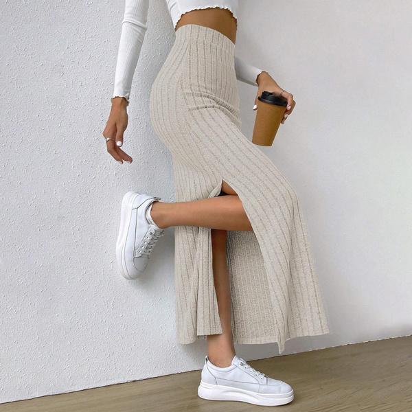 Solid Color Long Skirt Knitted Long Skirt Women's High-waisted Knitted ...