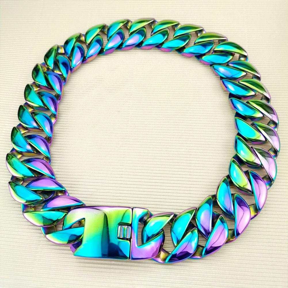 Regenbogenfarbene Vakuumbeschichtung aus 316L Edelstahl, Breite 32 mm, sehr schwere 40-55 cm große Halskette_voghion.com